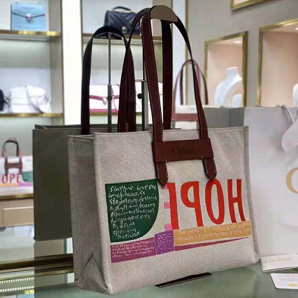 TÚI Chloe Corita Kent Large Tote in Embroidered Artwork and Shiny Calfskin