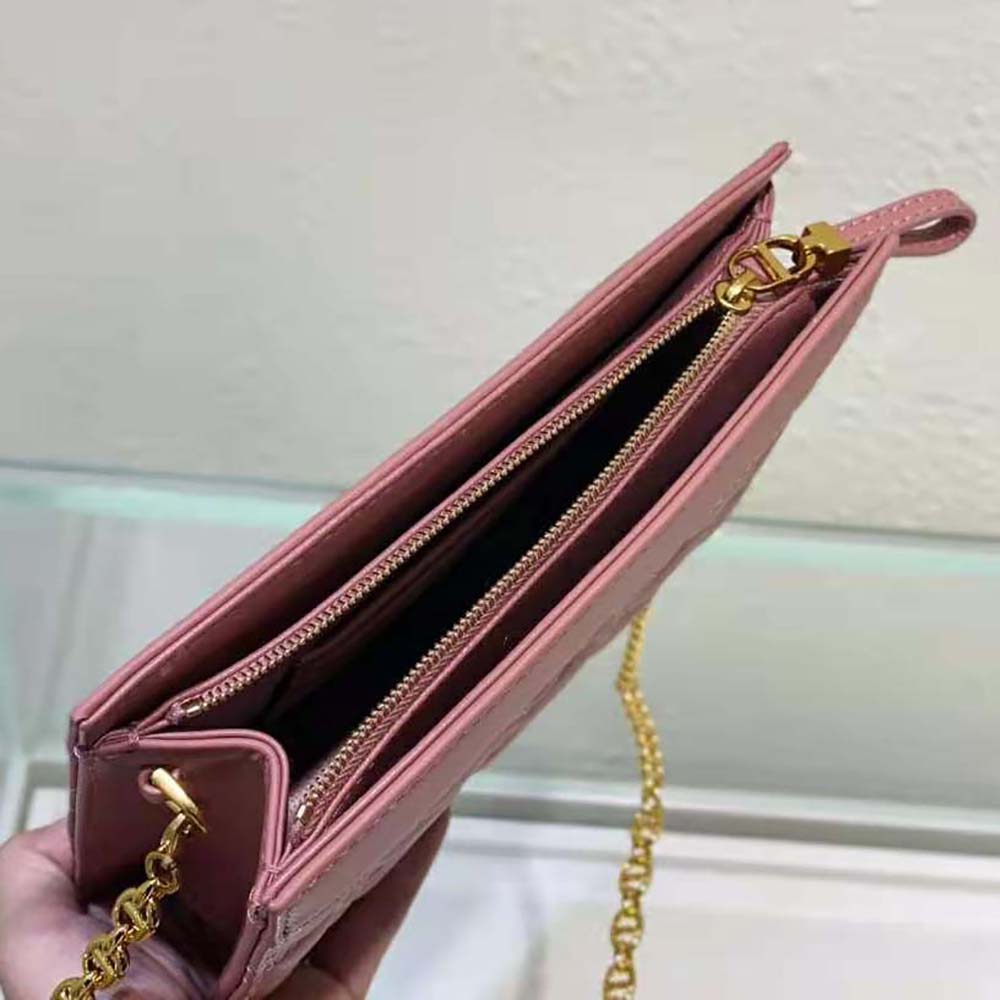 TÚI Dior Women Caro Zipped Pouch with Chain Cedar Green Supple Cannage Calfskin-Pink