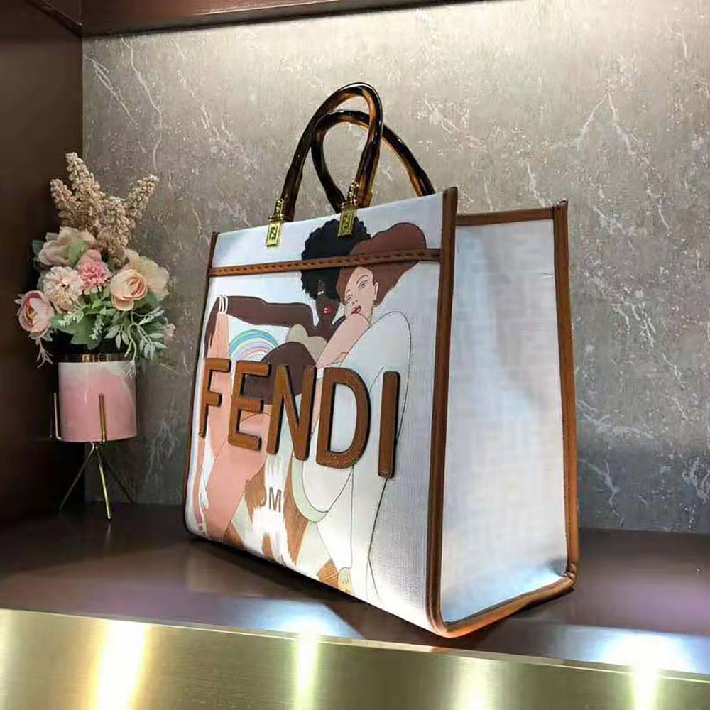 TÚI Fendi Women Sunshine Medium FF white Glazed Fabric Shopper with Inlay