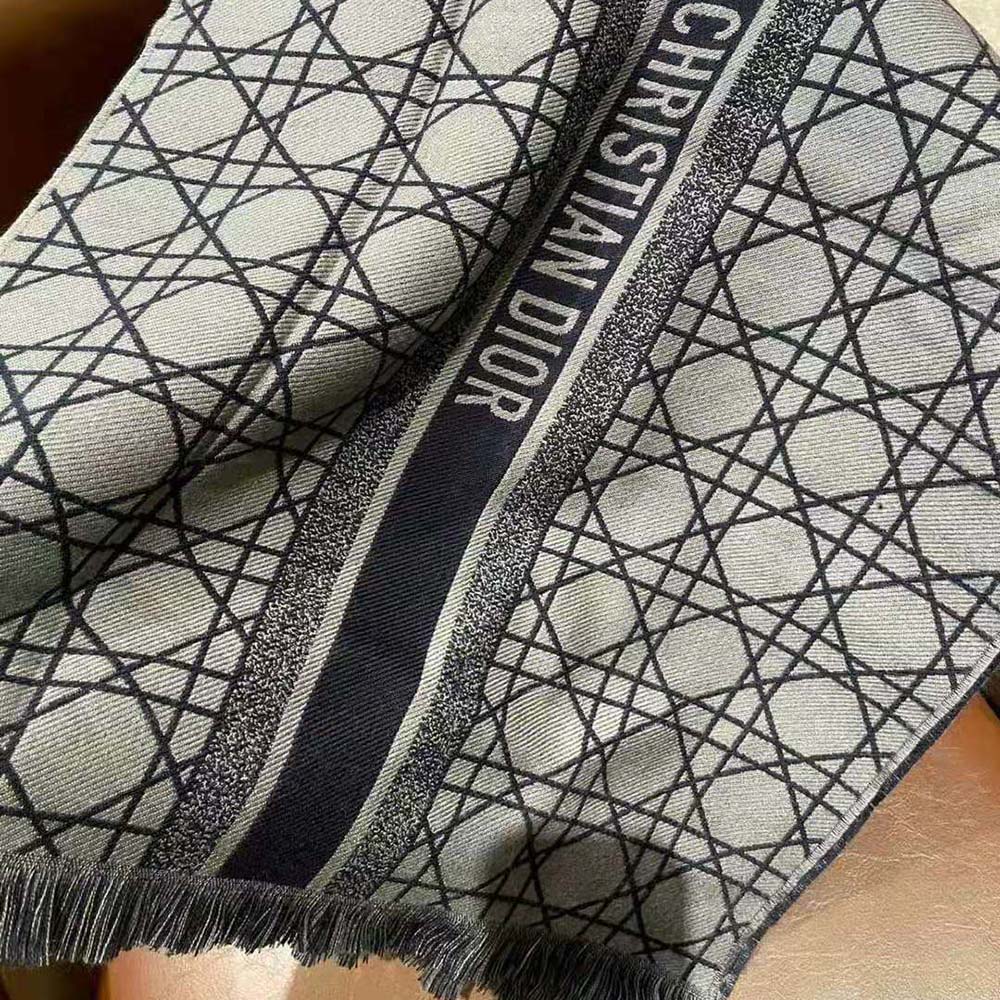 KHĂN Dior Women Cannage Scarf Navy Blue and Gray Cashmere and Virgin Wool