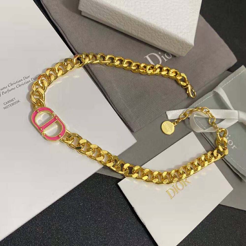 DÂY Dior Women 30 Montaigne Necklace Gold-Finish Metal and Fluorescent Pink Transparent