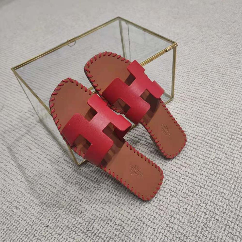 GIÀY Hermes Women Oran Sandal in Braided Calfskin with Iconic H Cut-Out-Red SS2022