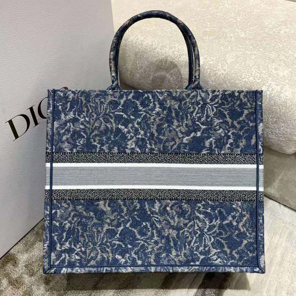 TÚI Christian Dior Book Tote Blue Dior Brocart Embroidery with Denim Effect