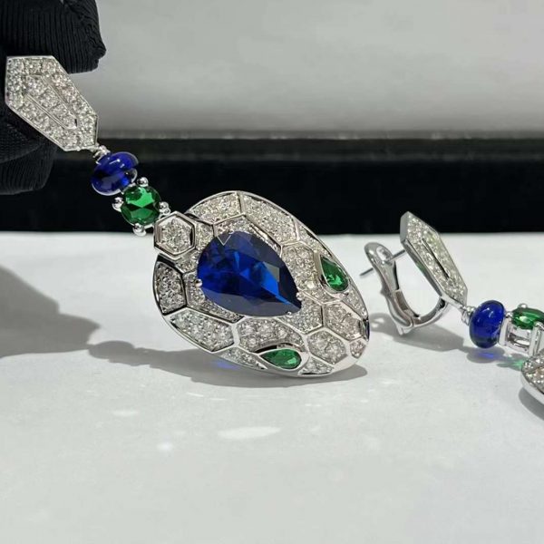 Bông tai BVLGARI Serpenti Viper ngọc bích xanh,ngọc lục bảo và kim cương vàng trắng 18K