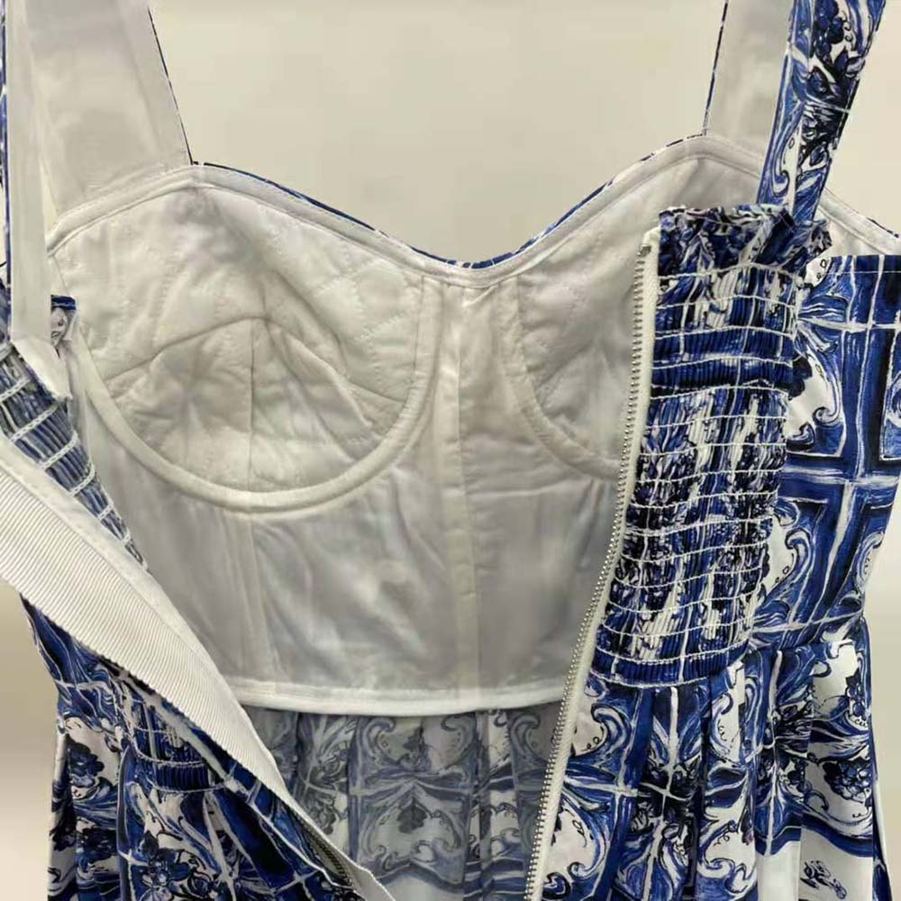 VÁY Dolce Gabbana D&G Women Bustier Midi Dress in Majolica-Print Poplin