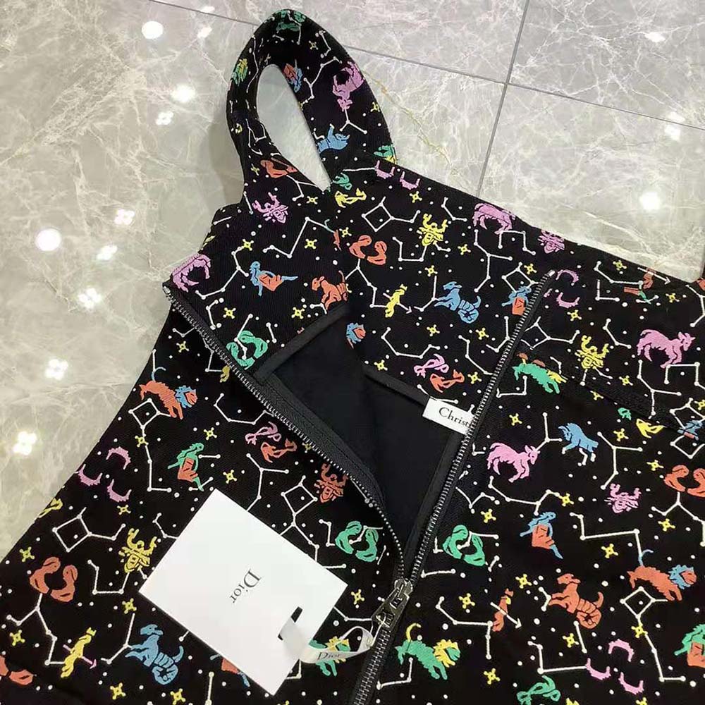 Váy Dior Short Zipped Dress Black Technical Wool and Silk Jacquard with Multicolor Dior Pixel Zodiac Motif