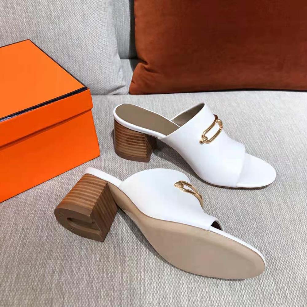 GIÀY Hermes Women Camilla Mule High Heel Mule in Calfskin-White SS2022