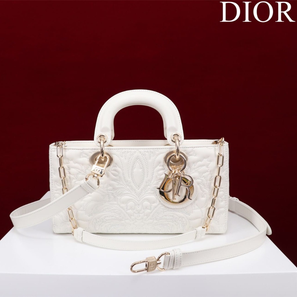 TÚI CHRISTIAN DIOR LADY D-JOY WHITE Quilted-Effect Lambskin with Ornamental Motif