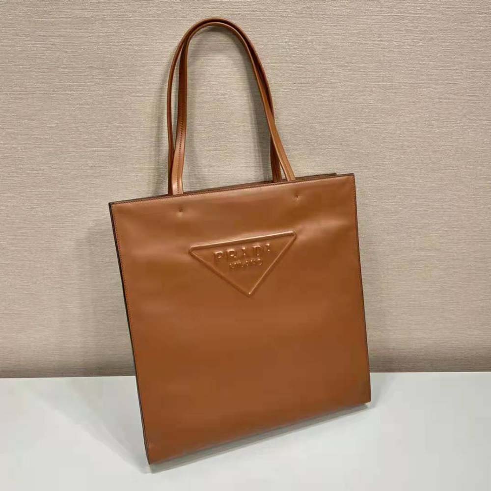 TÚI Prada Women Leather Tote Bag with Embossed Triangle Logo-Brown