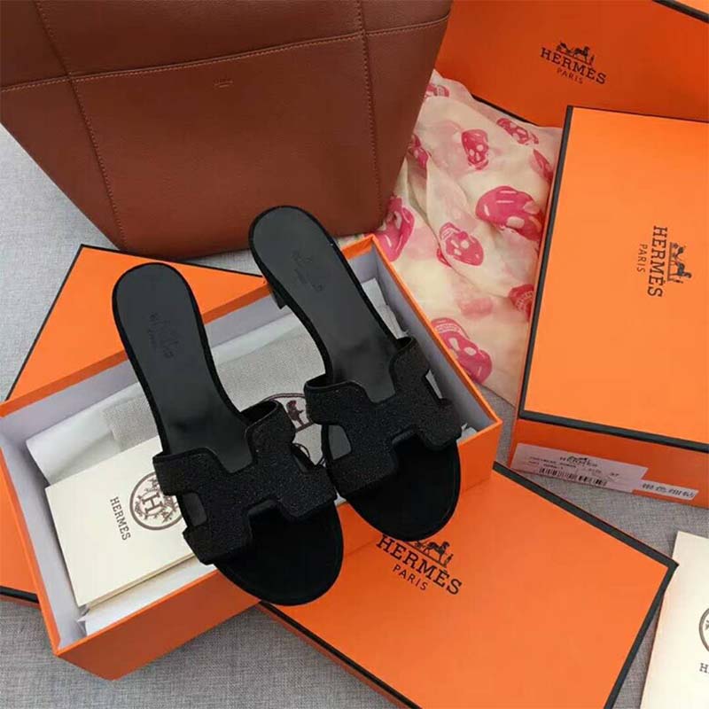 GIÀY Hermes Women Shoes Oasis sandal 50mm Heel-Black SS2022