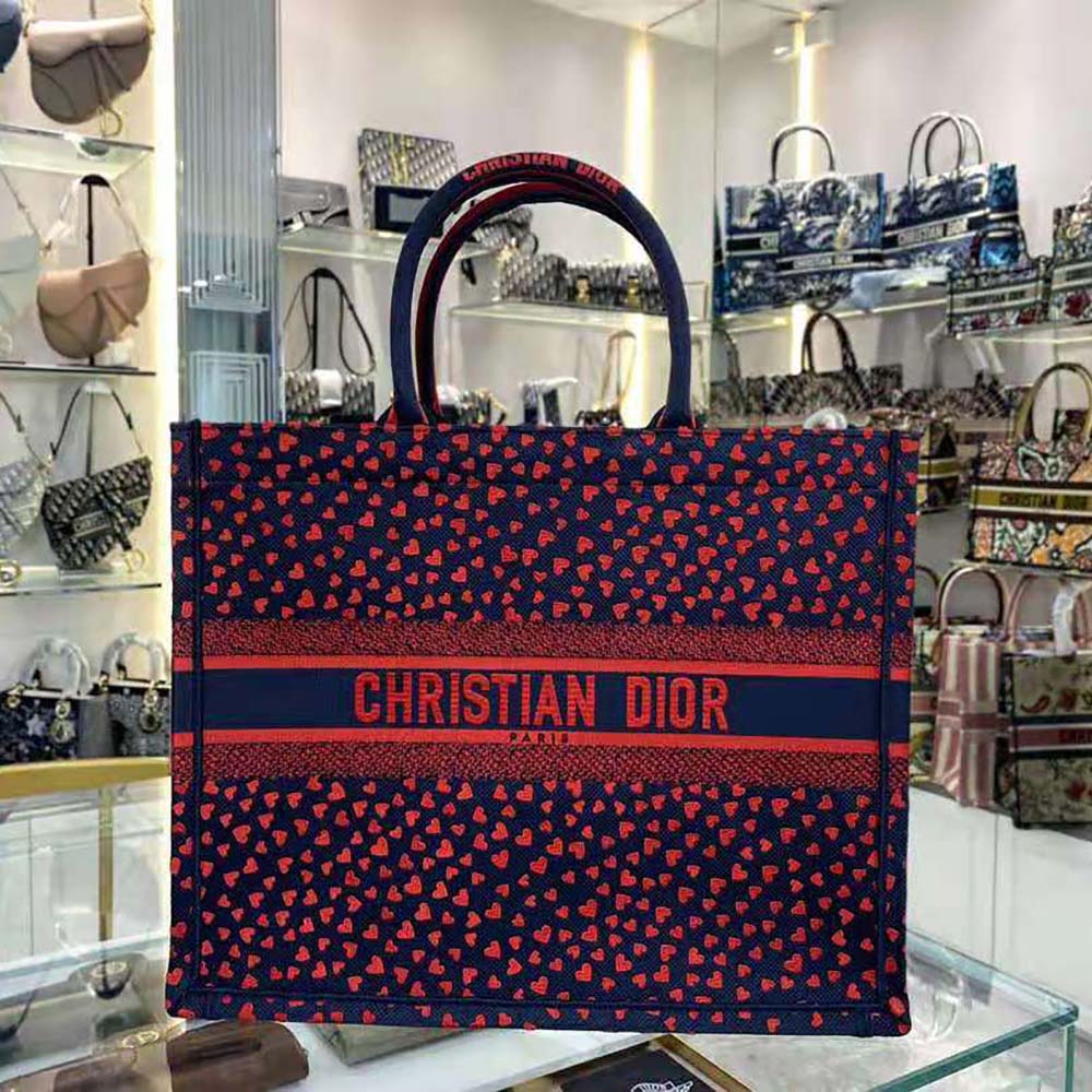 TÚI Dior Women Small Dior Book Tote Navy Blue I Love Paris and Red Hearts Embroidery