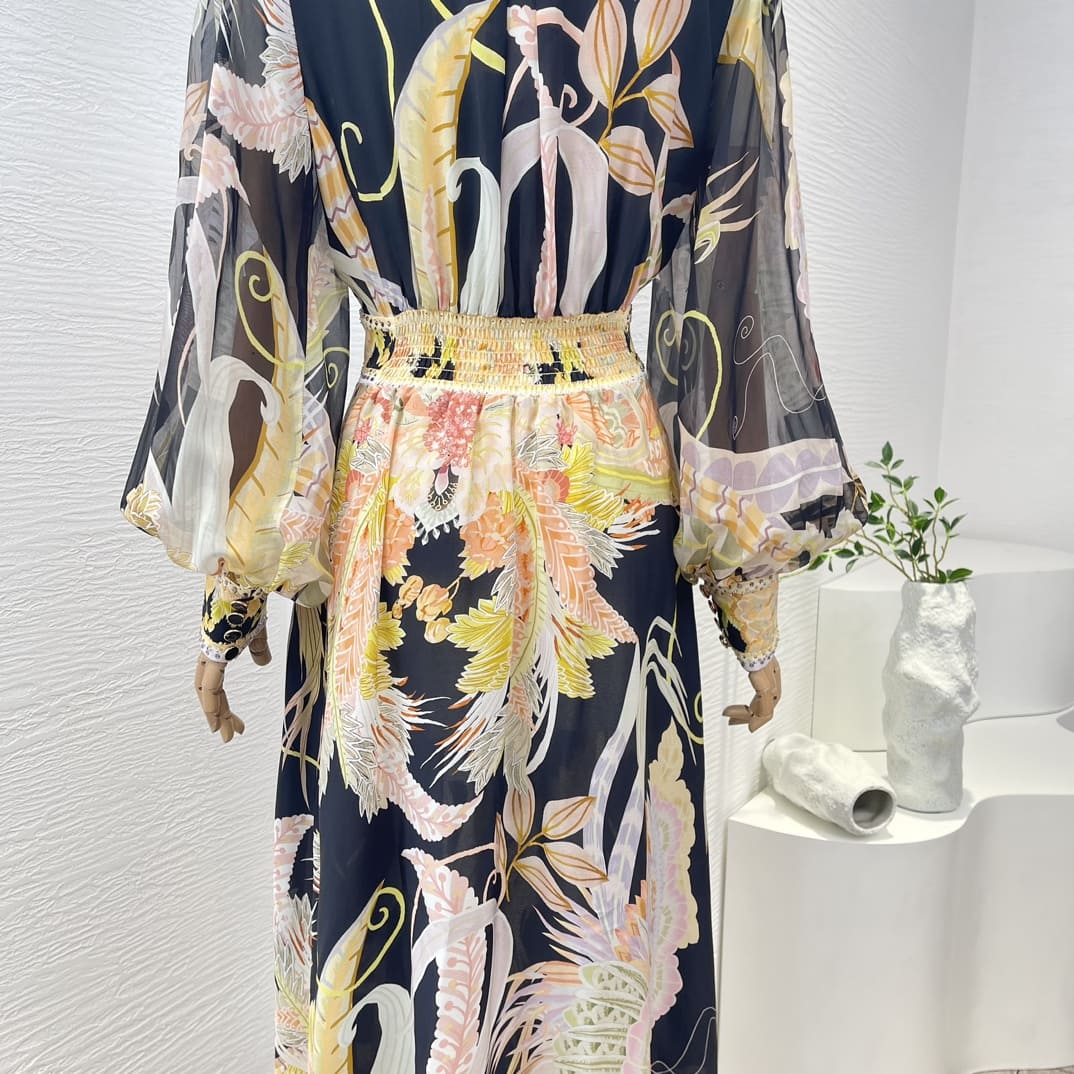 VÁY ZIMMERMANN Beading Black Long Sleeve Floral Print Midi Dress High Classy
