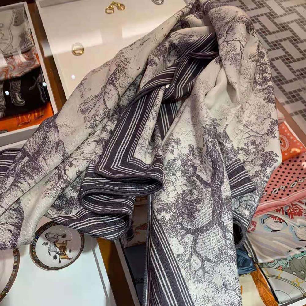 KHĂN Dior Women Toile De Jouy Square Scarf Gray Silk Twill