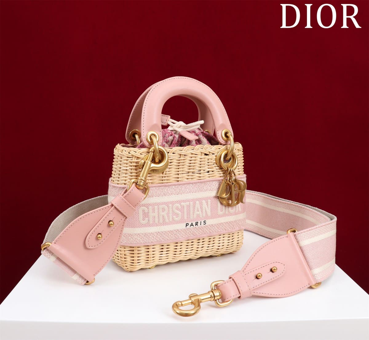TÚI Dior Women Mini Lady Dior Bag Natural Wicker and Pink Dior Oblique Jacquard dệt tay bằng liễu gai