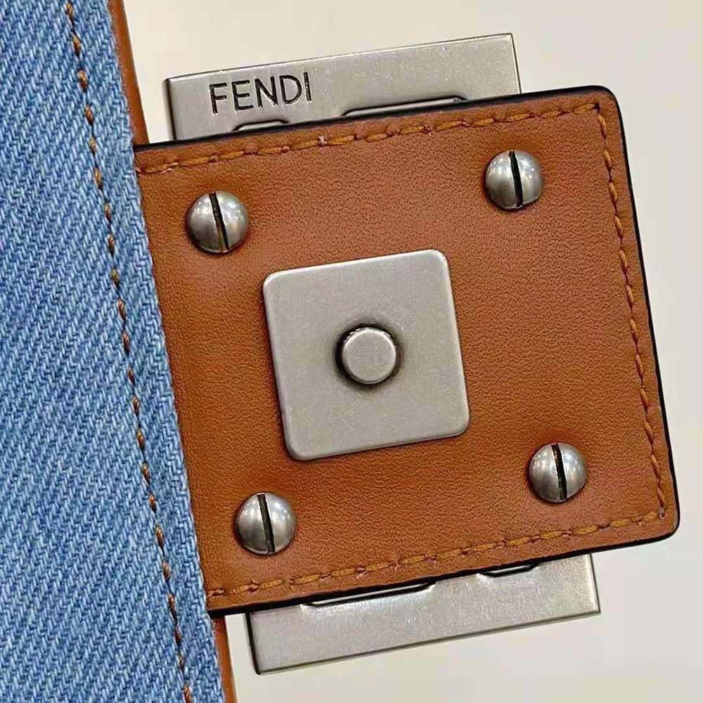 TÚI FENDI Women Baguette Light Blue Denim Bag with FF Embroidery