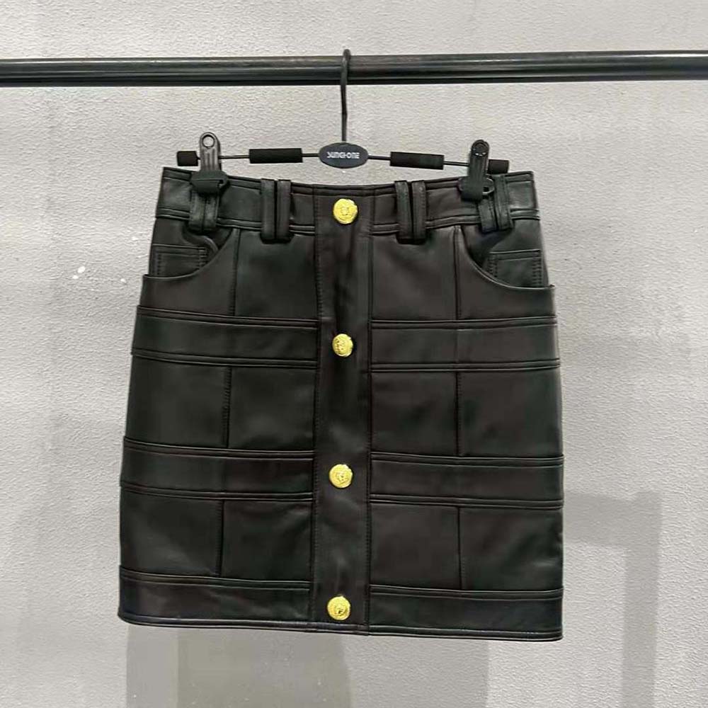 Chân váy Balmain Women High-Waisted Leather Skirt in Lambskin-Black da cừu