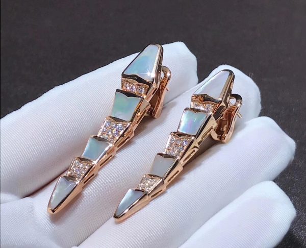 Bông tai BVLGARI Serpenti kim cương hoa tai xà cừ vàng hồng 18K