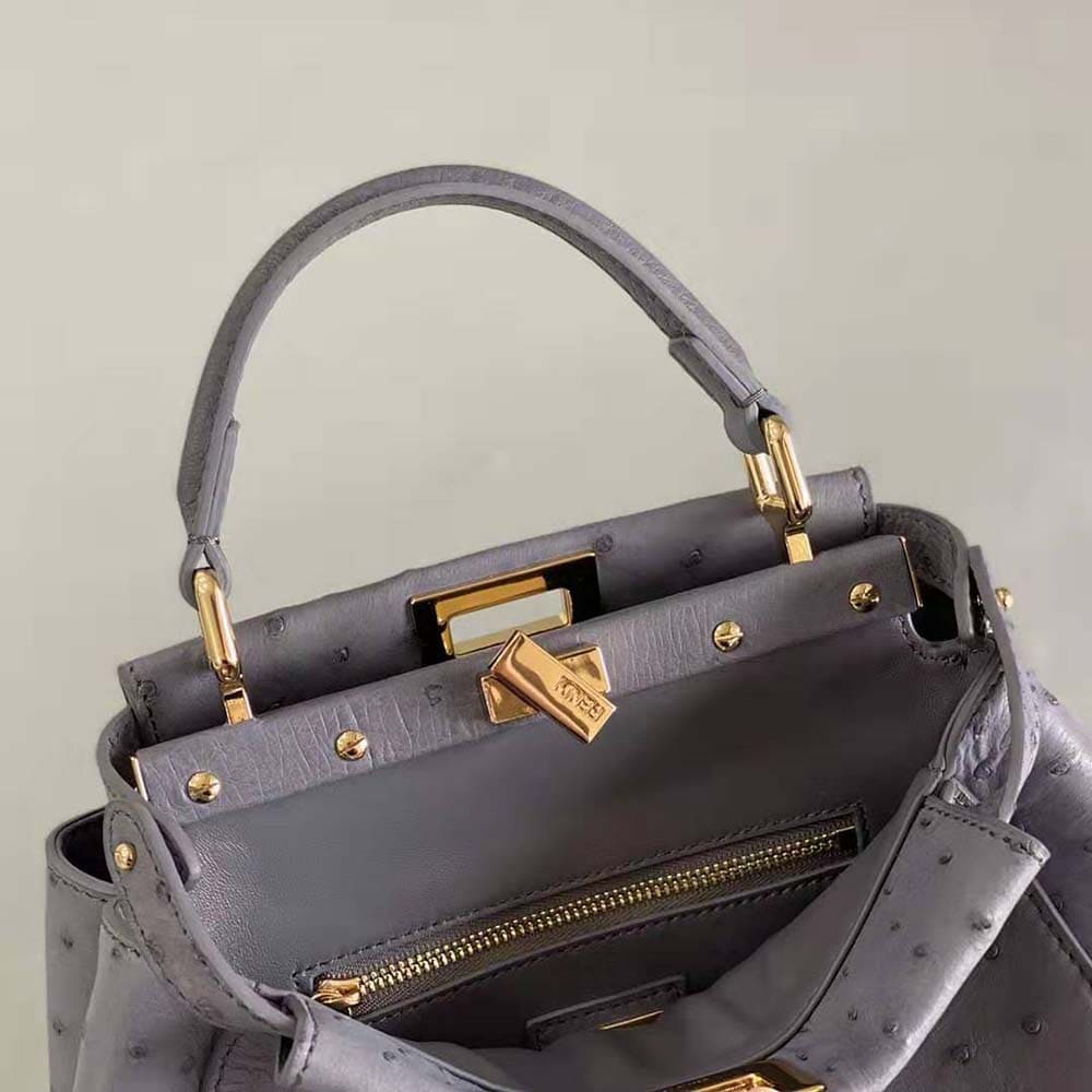 TÚI FENDI Women Peekaboo Iconic Mini Gray Ostrich Leather Bag DA ĐÀ ĐIỂU