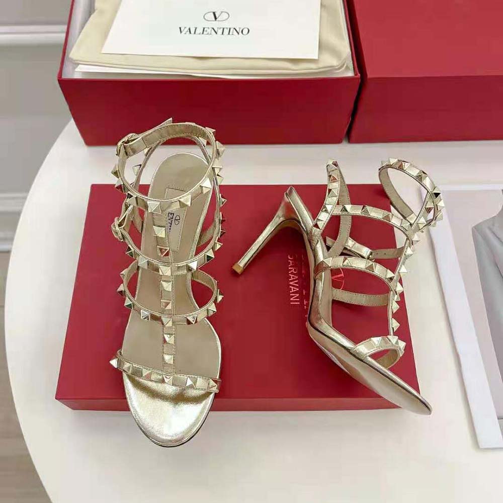 GIÀY Valentino Rockstud Metallic Calfskin Leather Ankle Strap Sandal 100 mm