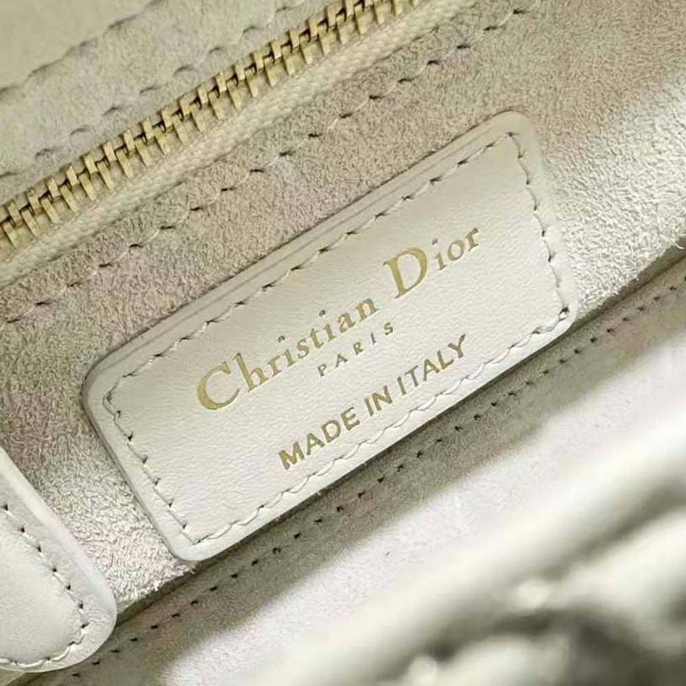 TÚI Dior Women Mini Lady Dior Bag Latte Calfskin Embroidered Entirely with White Resin Pearls