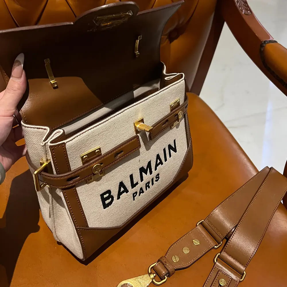 TÚI BALMAIN Women Bi-material Canvas and Ecru Calfskin B-Buzz Bag