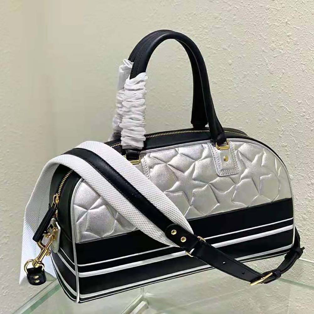 TÚI Dior Women Medium Dior Vibe Zip Bowling Bag Black and Silver Padded Dior etoile Calfskin
