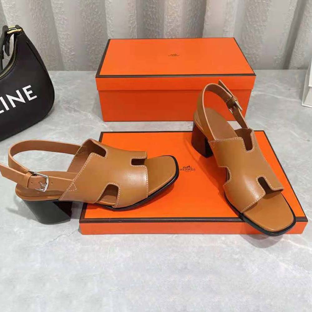 GIÀY Hermes Women Elbe 60 Sandal in Calfskin with H Cut-Out Detail-Brown SS2022