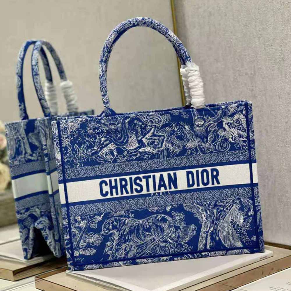 TÚI Dior Women Medium Dior Book Tote Fluorescent Blue Toile de Jouy Reverse Embroidery