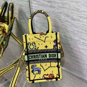 TÚI Dior Women Mini Dior Book Tote Phone Bag Yellow Multicolor Dior Pixel Zodiac Embroidery