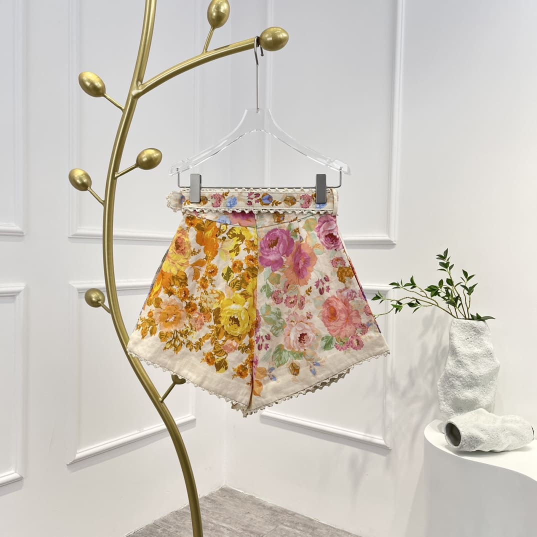 VÁY ZIMMERMANN Floral Printing Stand Collar Button Long Sleeve Blouse and Belt Shorts Woman Set High Classy