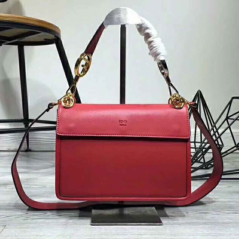 TÚI Fendi KAN I F Top Flap Leather Bag with Strap-Red
