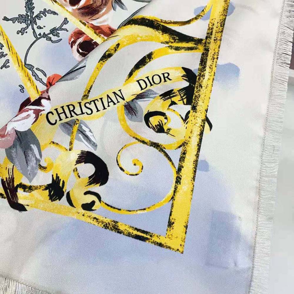 KHĂN Dior Granville 90 Square Scarf White and Gray Silk Twill