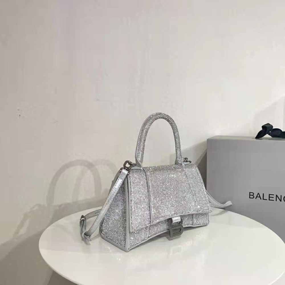 TÚI Balenciaga Women Hourglass XS Handbag in Glitter Material-Silver