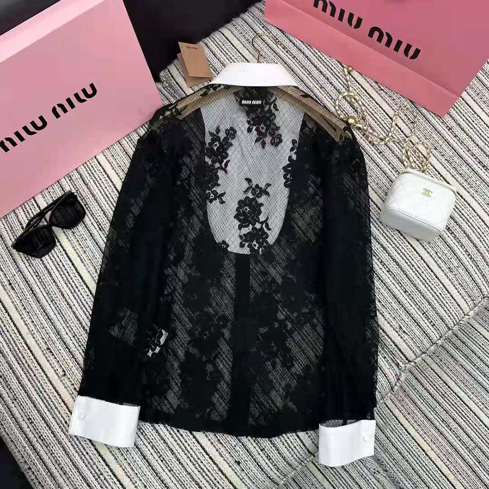 ÁO Miu Miu Women Lace Shirt with Knit Logo Label-Black