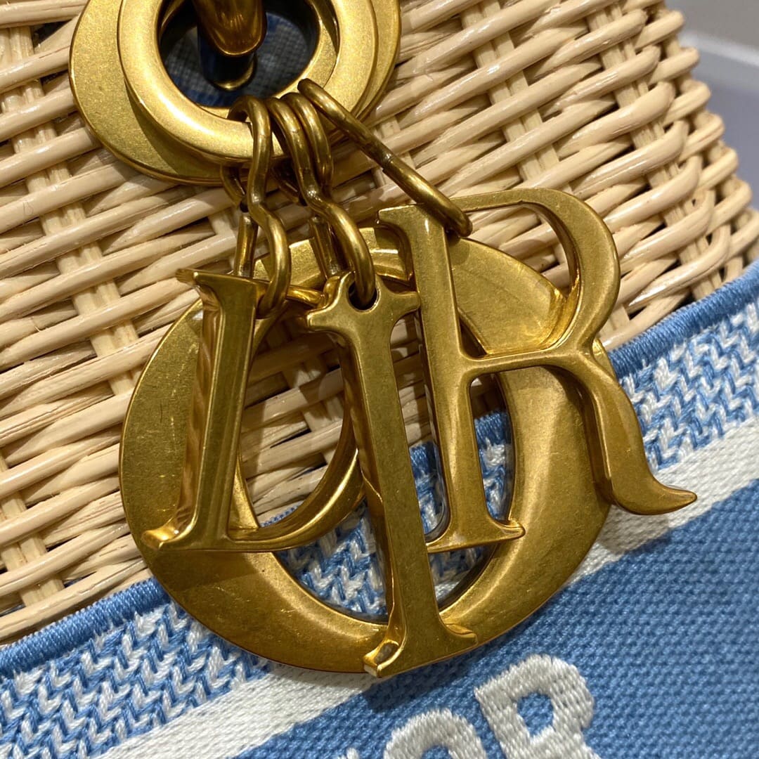 TÚI Dior Women Medium Lady Dior Bag Natural Wicker and Blue Dior Oblique Jacquard