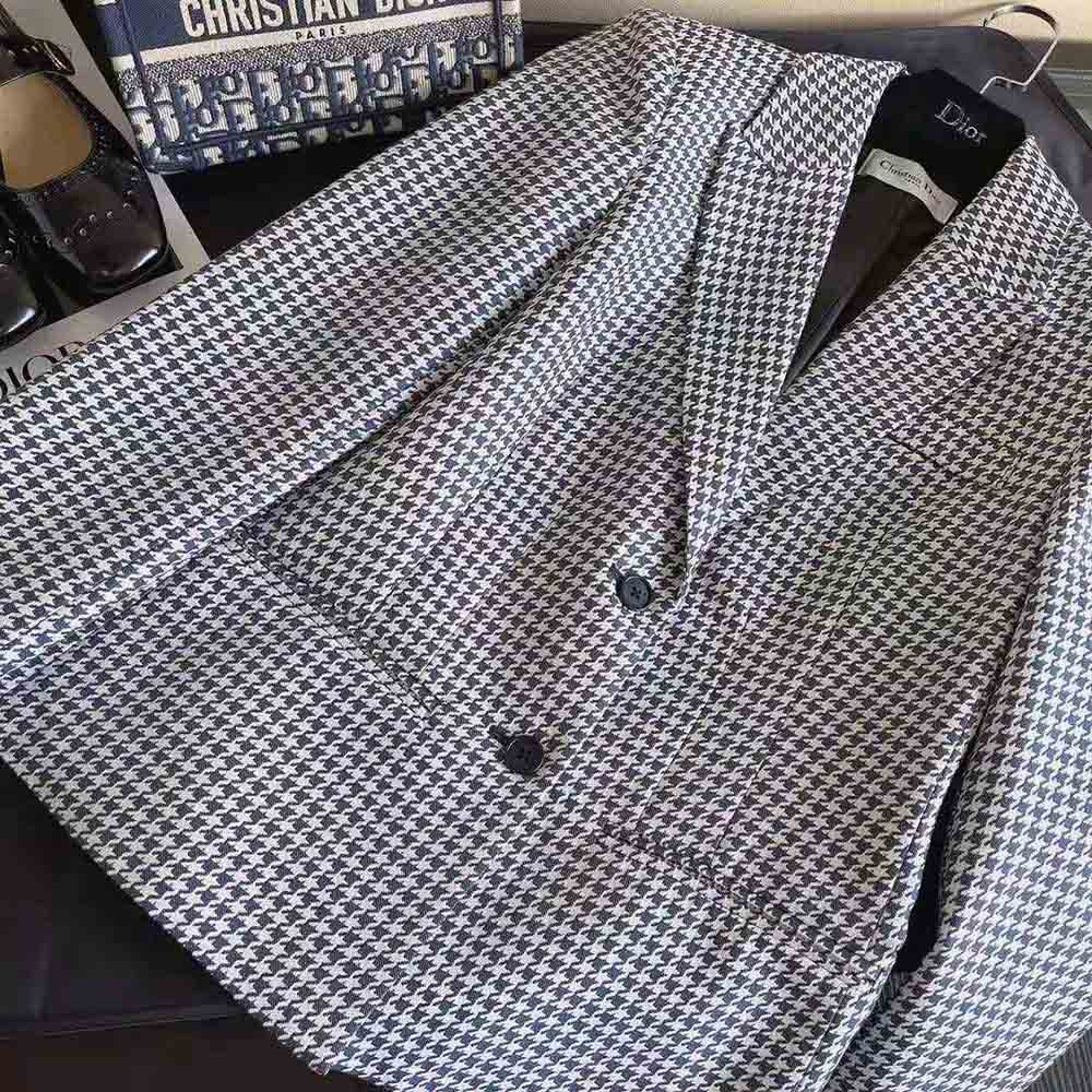 ÁO Dior Women Fitted Jacket Black and White Wool Twill and Silk with Micro Houndstooth Motif