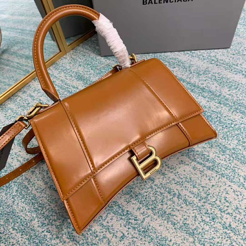 TÚI Balenciaga Hourglass Small Top Handle Bag in Shiny Box Calfskin-Brown