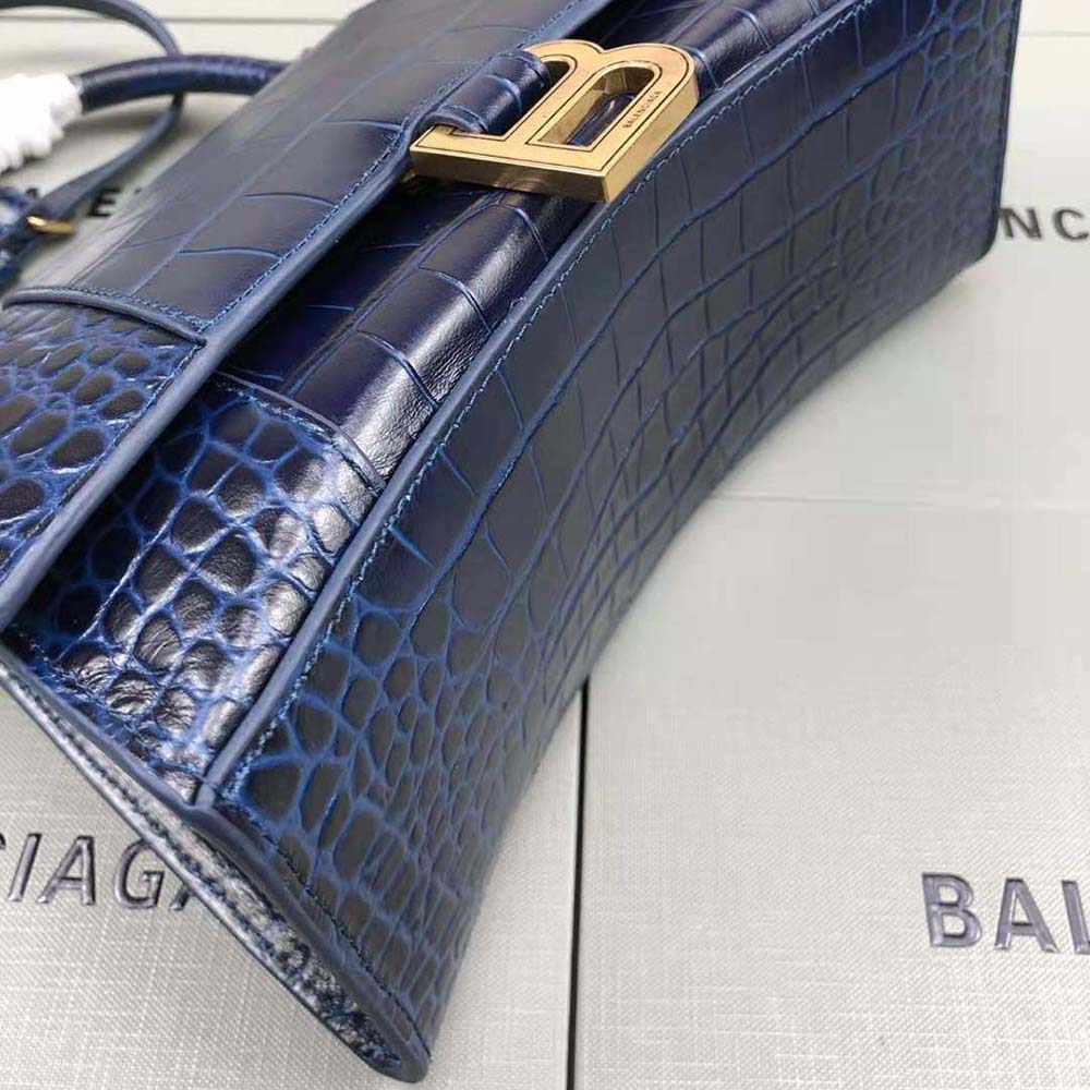 TÚI Balenciaga Women Hourglass Small Top Handle Bag in Navy Crocodile Embossed Calfskin vân da cá sấu