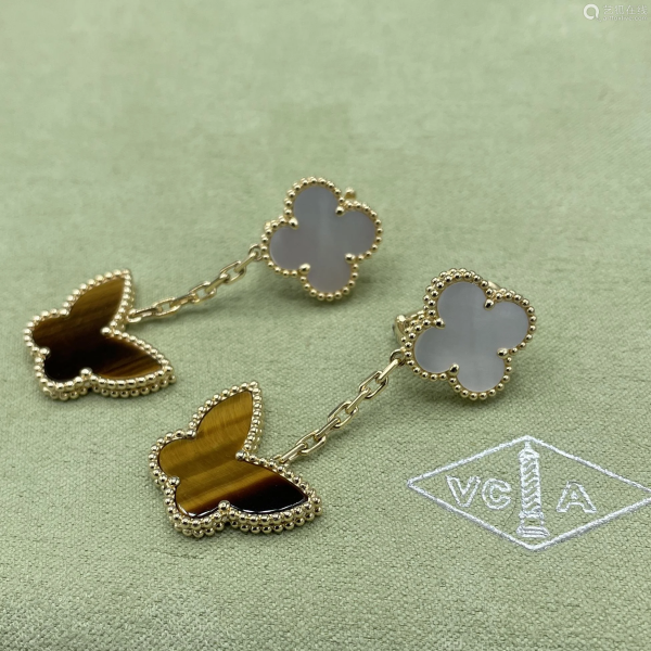 Bông tai Van Cleef & Arpels  Lucky Alhambra xà cừ bướm mắt hổ vàng hồng 18K