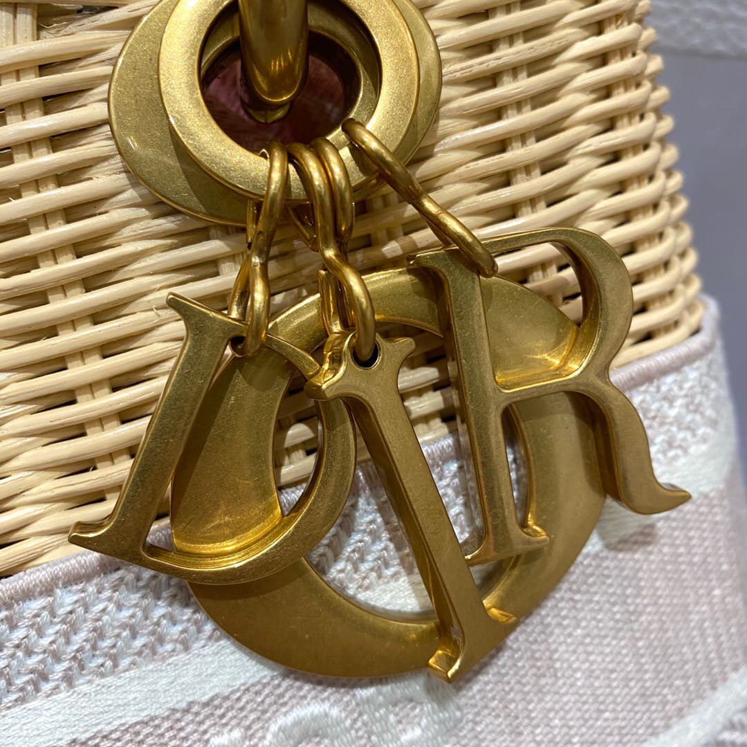 TÚI Dior Women Medium Lady Dior Bag Natural Wicker and Pink Dior Oblique Jacquard
