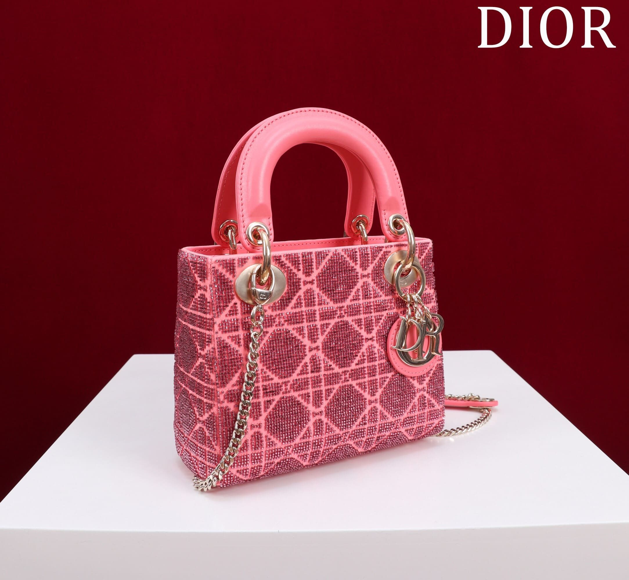 TÚI CHRISTIAN DIOR LADY DIOR Cannage Calfskin with Platinum Beaded Embroidery Pink