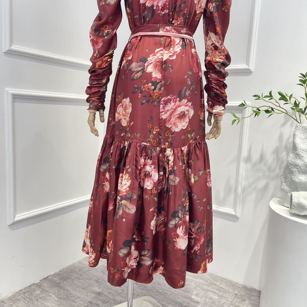 VÁY ZIMMERMANN Pink Rose Print Red Midi Dress with belt High Classy