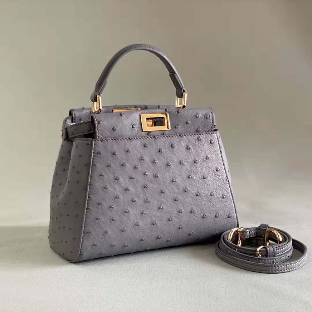 TÚI Fendi Women Peekaboo Iconic Mini Gray Ostrich Leather Bag