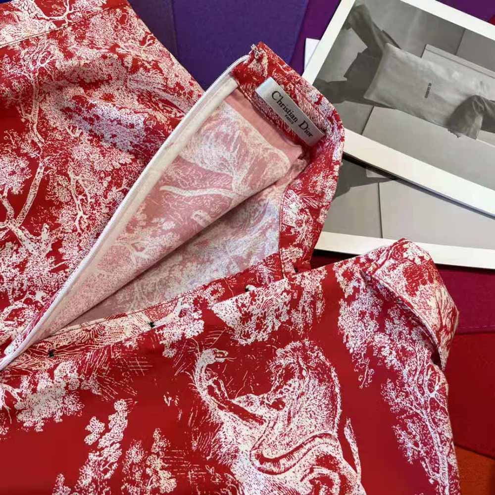 VÁY CHRISTIAN DIOR Dioriviera Pleated Short Dress Raspberry Toile de Jouy Reverse Cotton Poplin