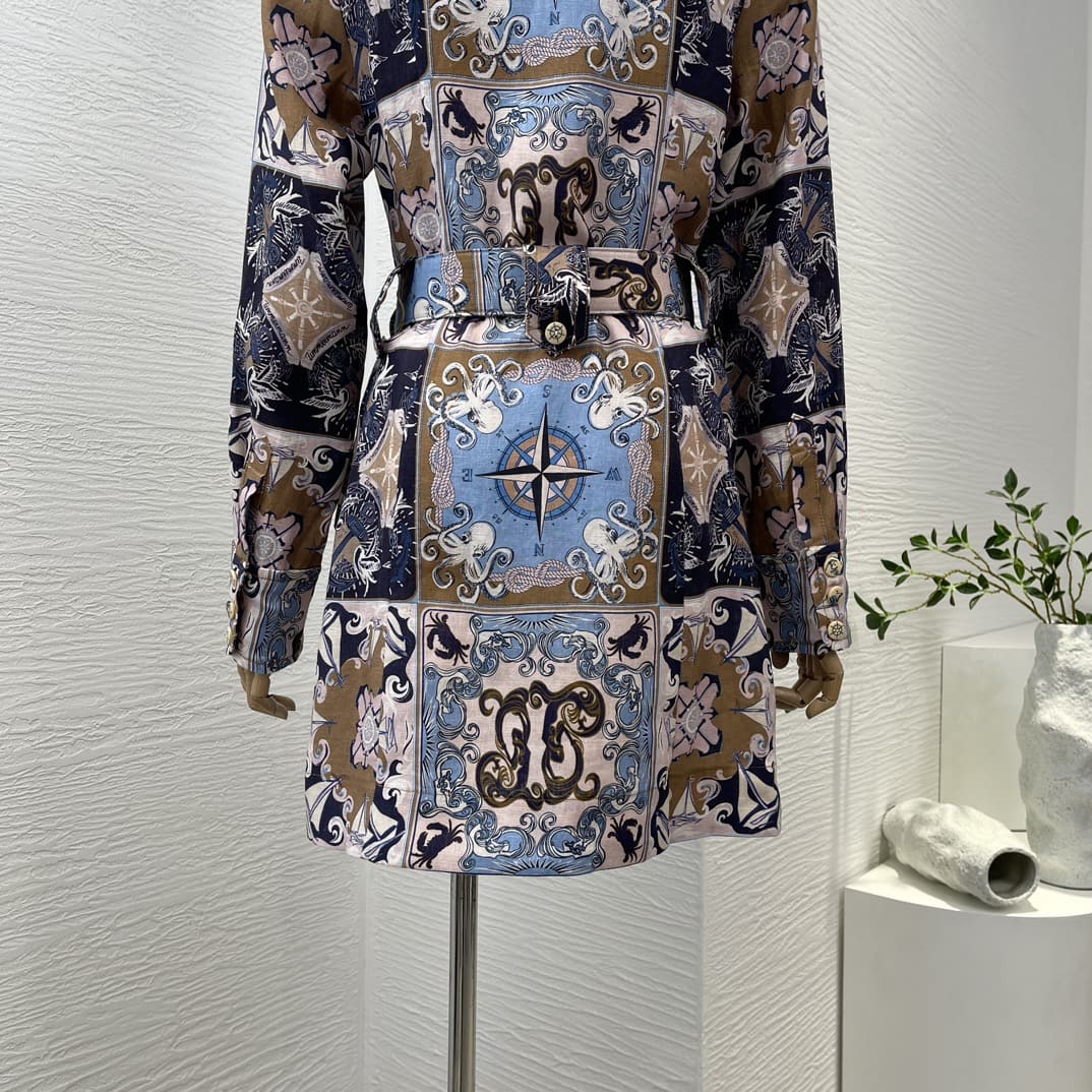 VÁY ZIMMERMANN Blue Plaid Print Turn Down Collar Long Sleeve Mini Dress High Classy