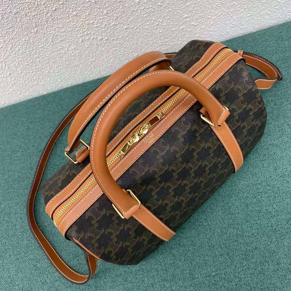 TÚI Celine Women Boston Bag in Triomphe Canvas-Brown