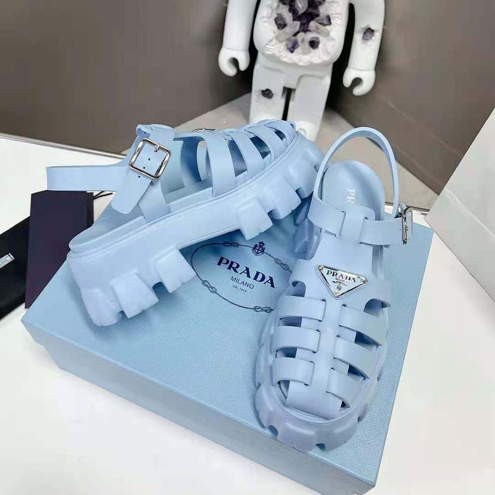 GIÀY Prada Foam Rubber Sandals with Enameled Metal Triangle Logo-Blue