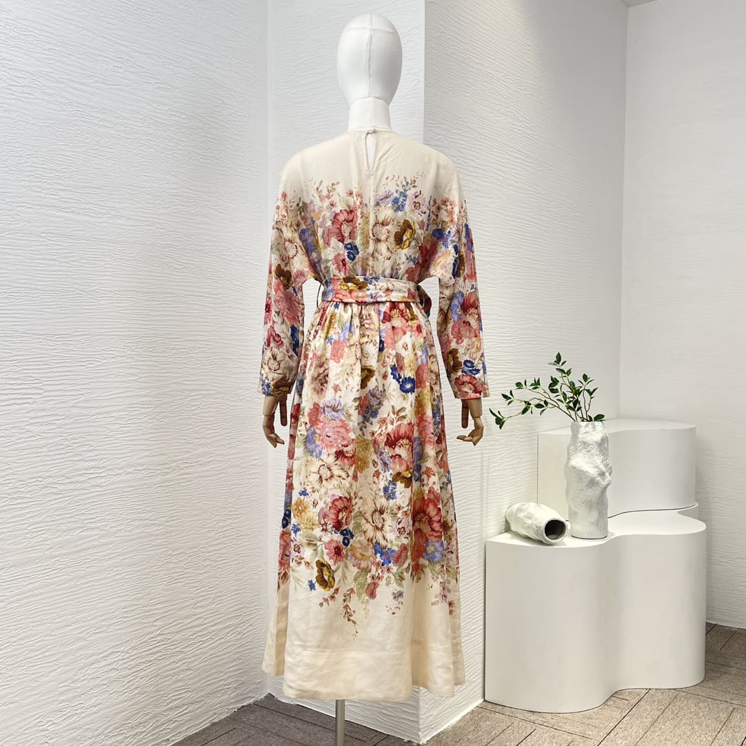 VÁY ZIMMERMANN Beige Floral Print Long Sleeve Belt Midi DressHigh Classy
