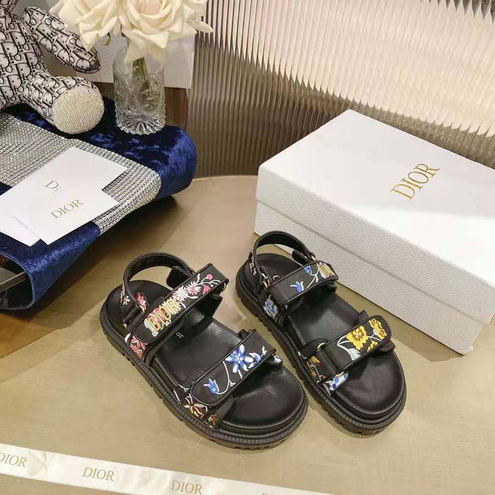 DÉP SANDAL DIOR Dioract Sandal Black Multicolor Technical Fabric Embroidered with Dior Petites Fleurs Motif