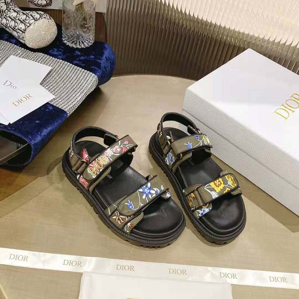 DÉP SANDAL DIOR Dioract Sandal Khaki Multicolor Technical Fabric Embroidered with Dior Petites Fleurs Motif
